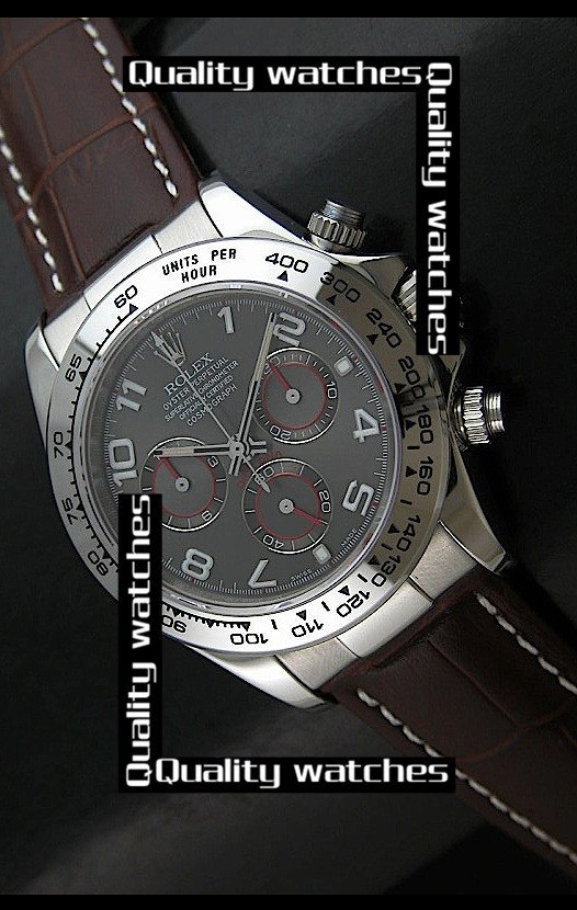 Rolex Daytona Watch Brown Leather Strap Dark Gray Dial