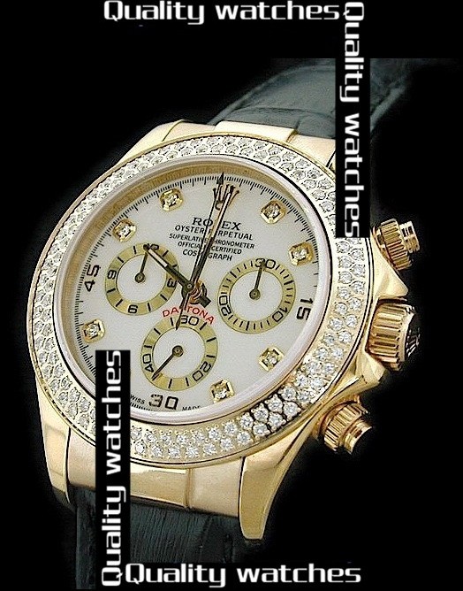 Rolex Daytona 18K Yellow Gold Watch Diamonds Bezel White Dial
