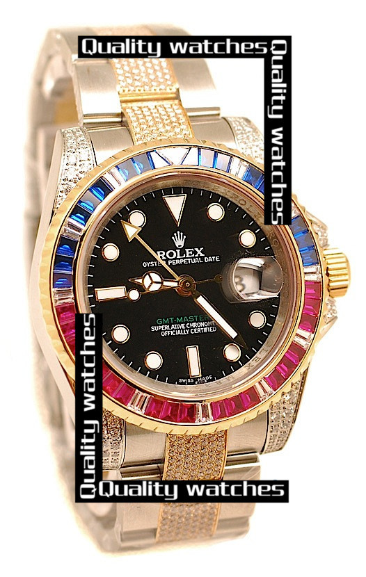 Rolex GMT-Master II Cloned 3285 Movement Watch All Gold Blue Gems