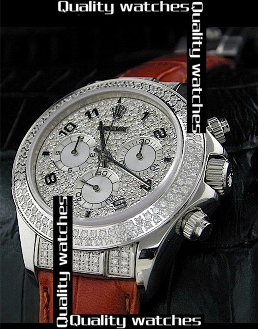 Rolex Daytona Watch Brown Leather Strap Diamonds-Paved Dial