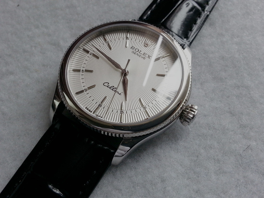 Rolex Cellini Time Watch Black Leather White Dial    