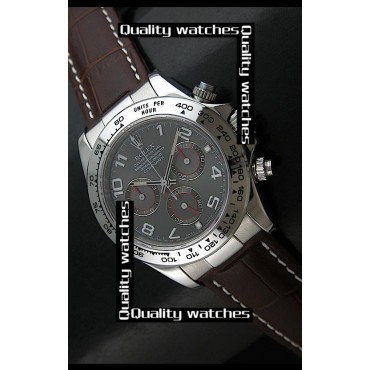 Rolex Daytona Watch Brown Leather Strap Dark Gray Dial