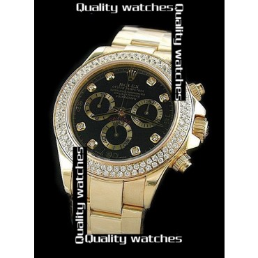 Rolex Daytona 18K Yellow Gold Watch Diamond Bezel Black Dial