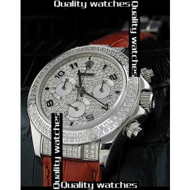Rolex Daytona Watch Brown Leather Strap Diamonds-Paved Dial