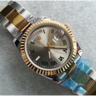 Rolex Day-Date Two-Tone Gold Watch Oyster Bracelet Gray