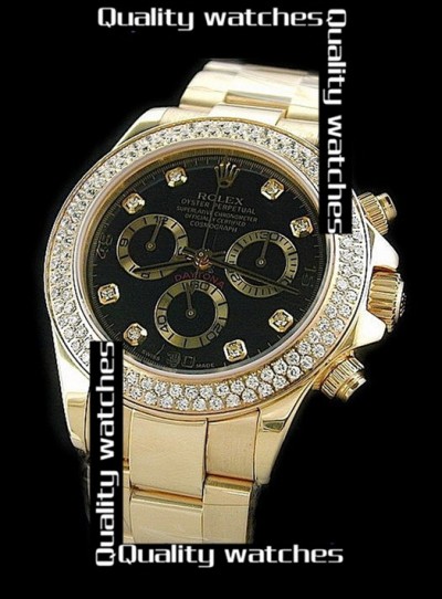 Rolex Daytona 18K Yellow Gold Watch Diamond Bezel Black Dial