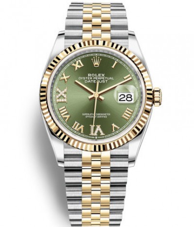 Rolex Datejust 36 Two Tone Gold Watch 126233-0025 Jubilee Olive Green