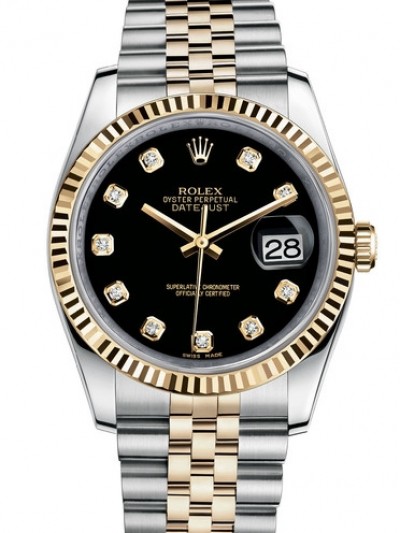 Rolex Datejust 36 Two Tone Gold Watch 116233-0158 Jubilee Black